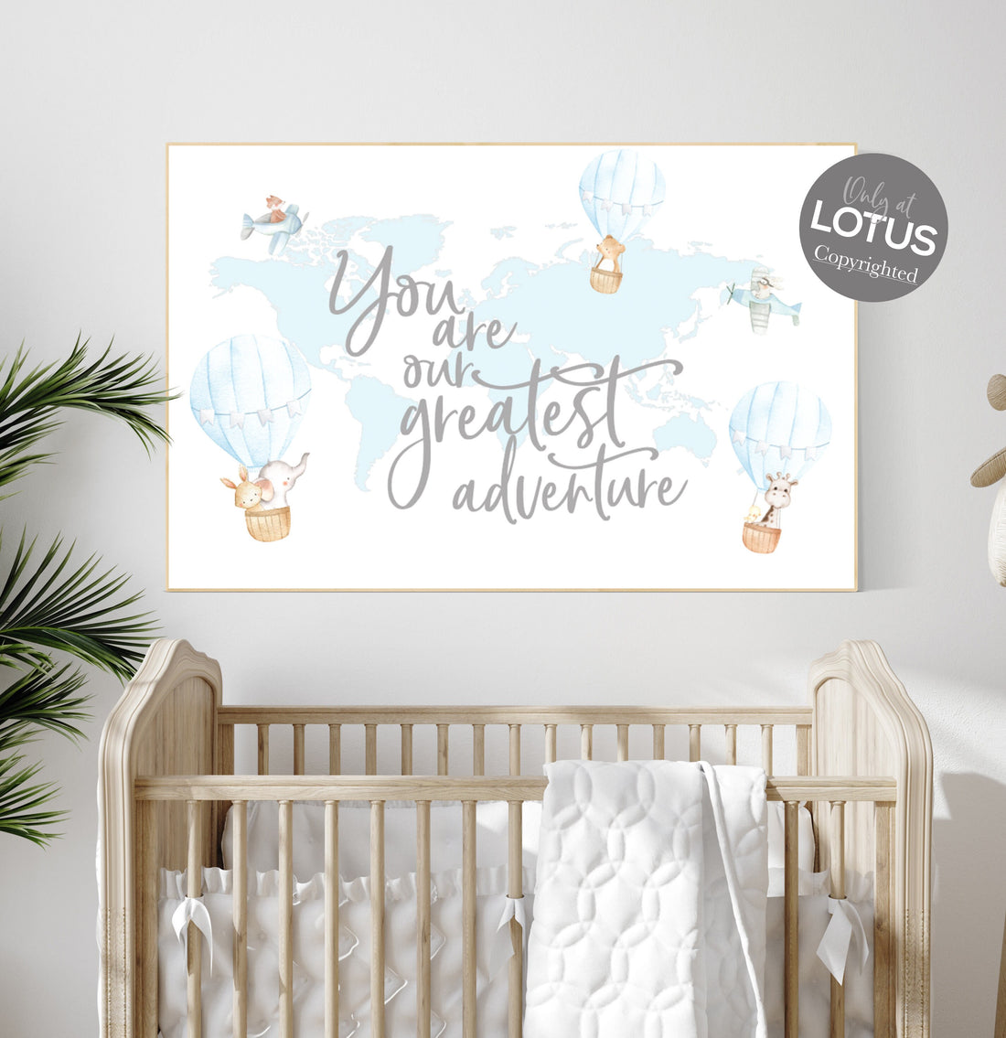 Boy nursery decor, Hot air balloon nursery, Nursery decor blue, you are our greatest adventure, world map, animal nursery, travel themed