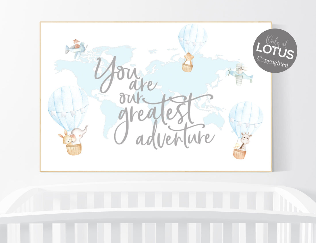 Boy nursery decor, Hot air balloon nursery, Nursery decor blue, you are our greatest adventure, world map, animal nursery, travel themed