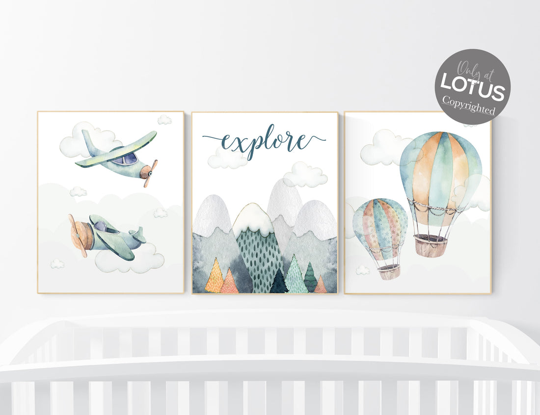 Nursery decor boy mountain, adventure nursery, travel theme nursery, woodland, gender neutral, explore, hot air balloon, plane, neutral