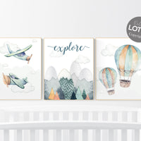 Nursery decor boy mountain, adventure nursery, travel theme nursery, woodland, gender neutral, explore, hot air balloon, plane, neutral