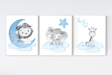 Lion, elephant and giraffe, Navy nursery decor, moon and stars, navy blue nursery art. baby room wall art, boy nursery decor, set of 3