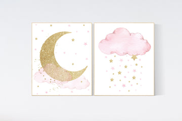 Nursery decor girl gold, Moon and cloud, pink gold nursery, girl nursery art, baby room wall art, gold nursery, moon and stars