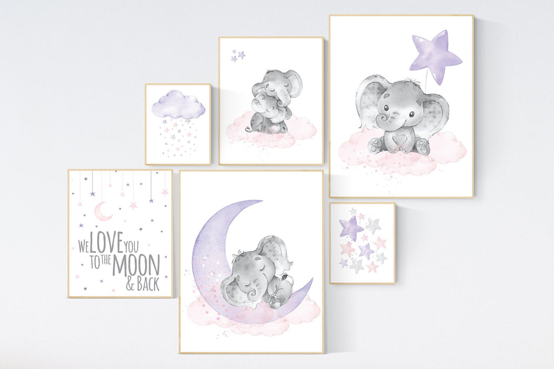 Nursery decor girl elephant, lavender, nursery decor girl pink and purple, animal nursery, elephant decor for nursery for girl, lilac art