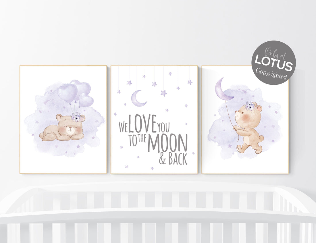 Bear nursery, lilac nursery,  girl nursery decor, Nursery decor girl purple, purple nursery, lavender nursery, teddy bear, girls room decor