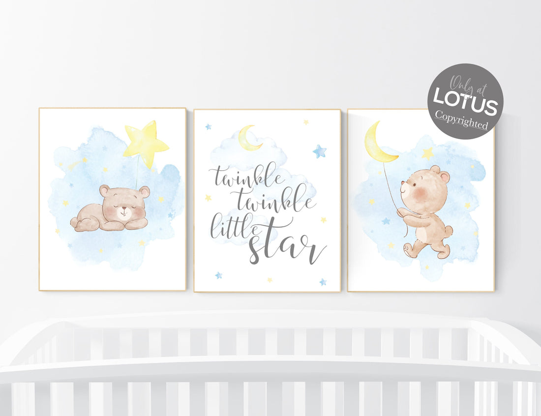 Nursery decor bear, gender neutral nursery,  blue and yellow, bear nursery print, nursery wall decor, twinkle twinkle little star