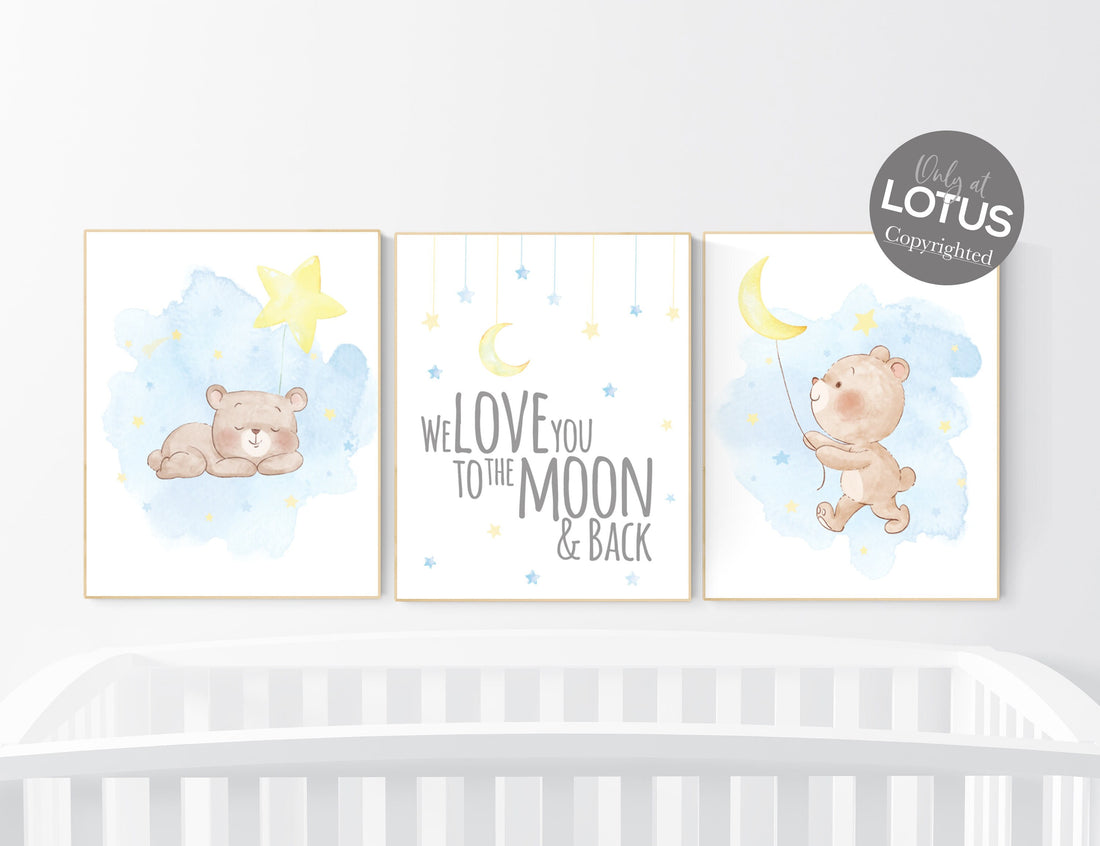 Nursery decor bear, gender neutral nursery,  blue and yellow, bear nursery print, nursery wall art, we love you to the moon and back