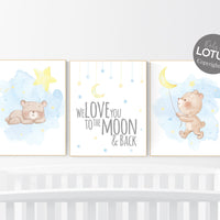 Nursery decor bear, gender neutral nursery,  blue and yellow, bear nursery print, nursery wall art, we love you to the moon and back