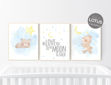 Nursery decor bear, gender neutral nursery,  blue and yellow, bear nursery print, nursery wall art, we love you to the moon and back