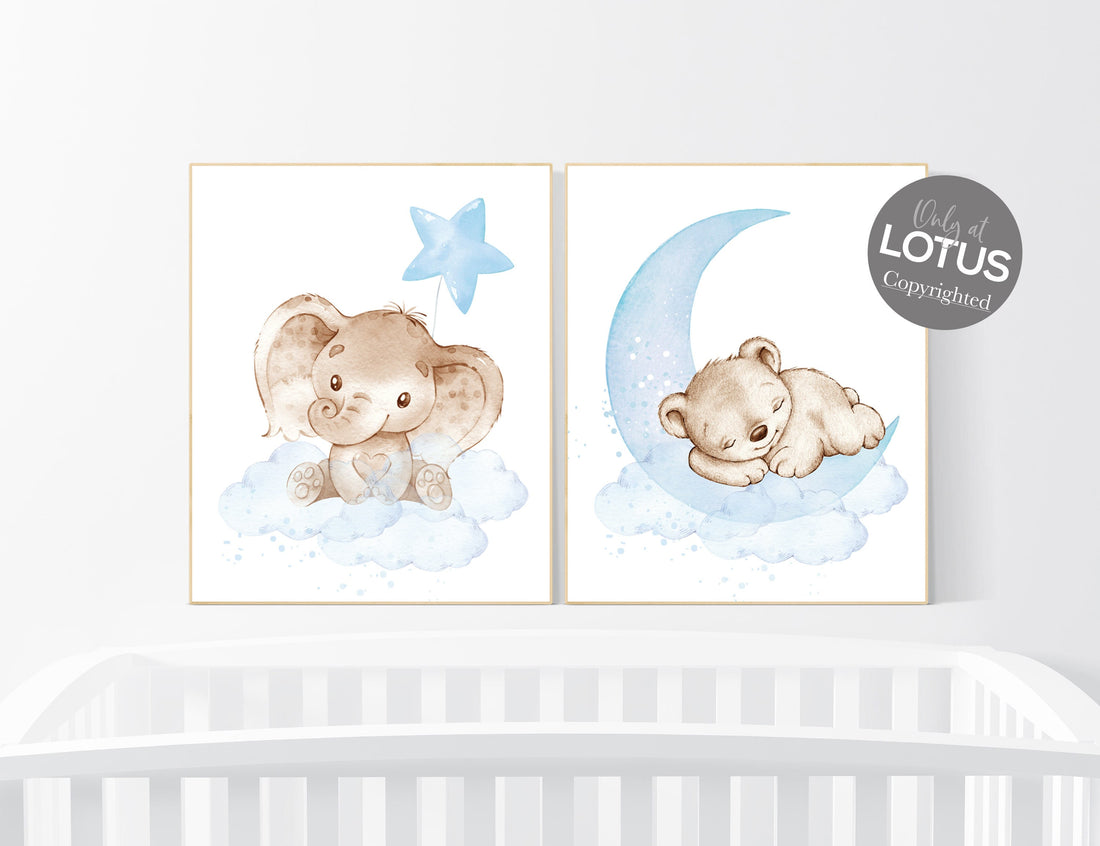 Nursery wall art animals, baby room decor blue, baby room decor bear, elephant, animal nursery decor, nursery prints boy room decor