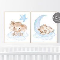 Nursery wall art animals, baby room decor blue, baby room decor bear, elephant, animal nursery decor, nursery prints boy room decor