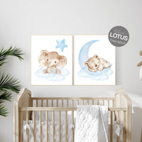 Nursery wall art animals, baby room decor blue, baby room decor bear, elephant, animal nursery decor, nursery prints boy room decor