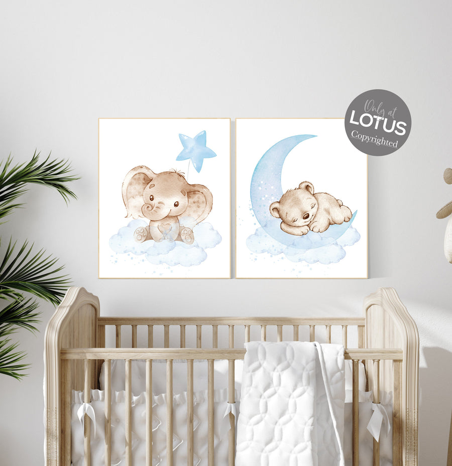 Nursery wall art animals, baby room decor blue, baby room decor bear, elephant, animal nursery decor, nursery prints boy room decor