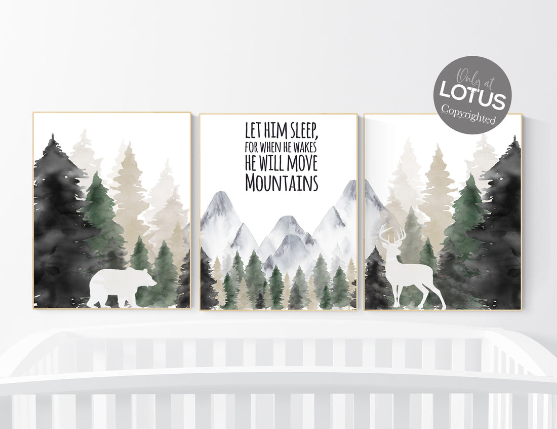 Nursery decor woodland, mountain wall art, tree nursery decor, adventure theme nursery, forest, sage green, beige, woodland animals