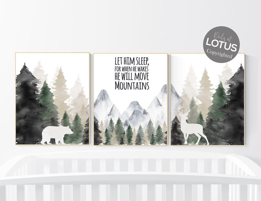 Nursery decor woodland, mountain wall art, tree nursery decor, adventure theme nursery, forest, sage green, beige, woodland animals