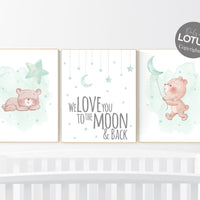 Mint nursery decor, nursery decor bear, teddy bear, gender neutral nursery, moon and clouds, mint green nursery wall art, baby room decor