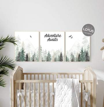 Nursery decor woodland, mountain wall art, tree nursery decor, adventure theme nursery, forest, sage green, beige, woodland animals
