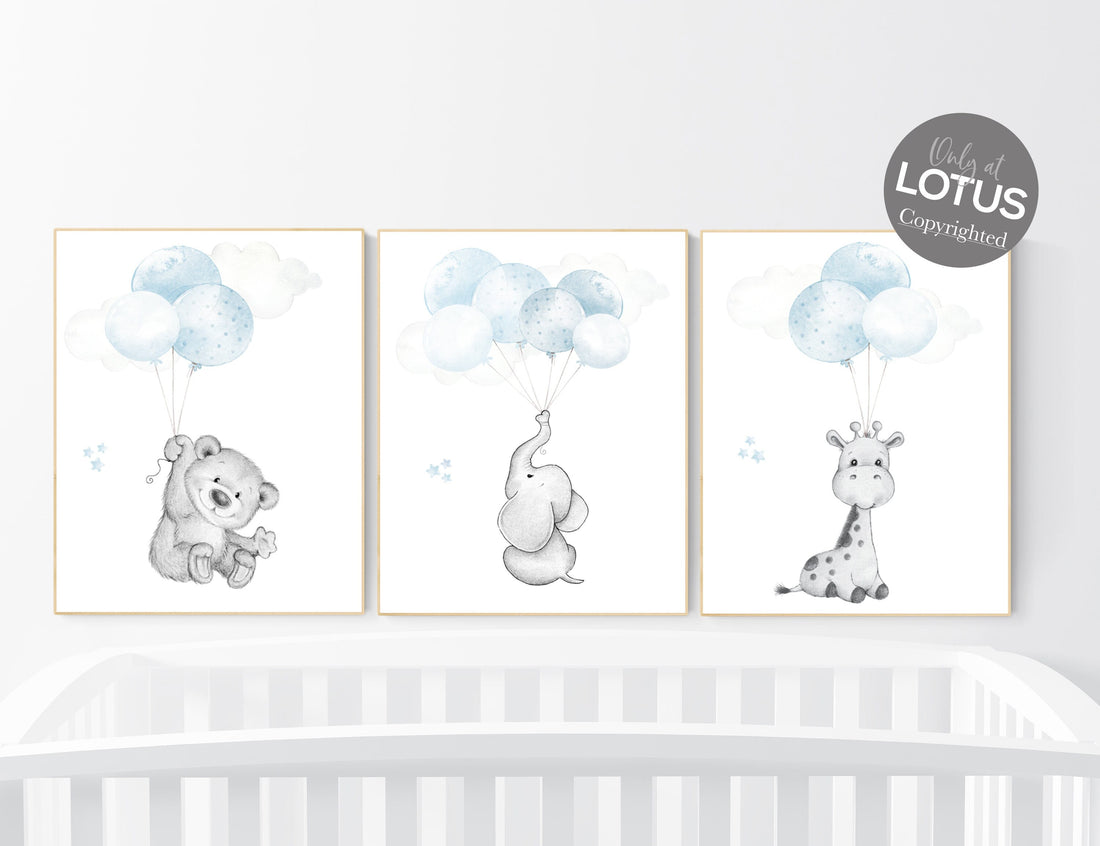 Nursery wall art animals, baby room decor blue gray, baby room decor bear, elephant, giraffe, animal nursery decor, nursery prints