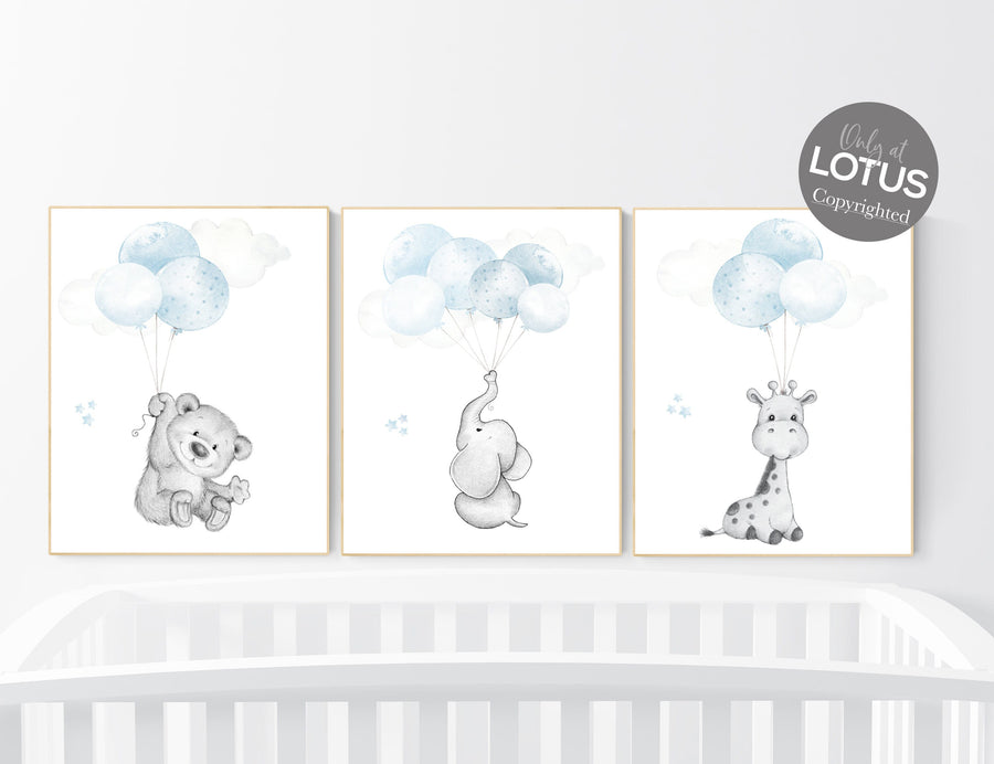 Nursery wall art animals, baby room decor blue gray, baby room decor bear, elephant, giraffe, animal nursery decor, nursery prints