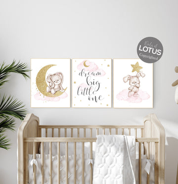 Nursery decor girl flower bunny, nursery wall art bunny, pink gold nursery decor, bunny print nursery girl, rabbit nursery, rabbit print