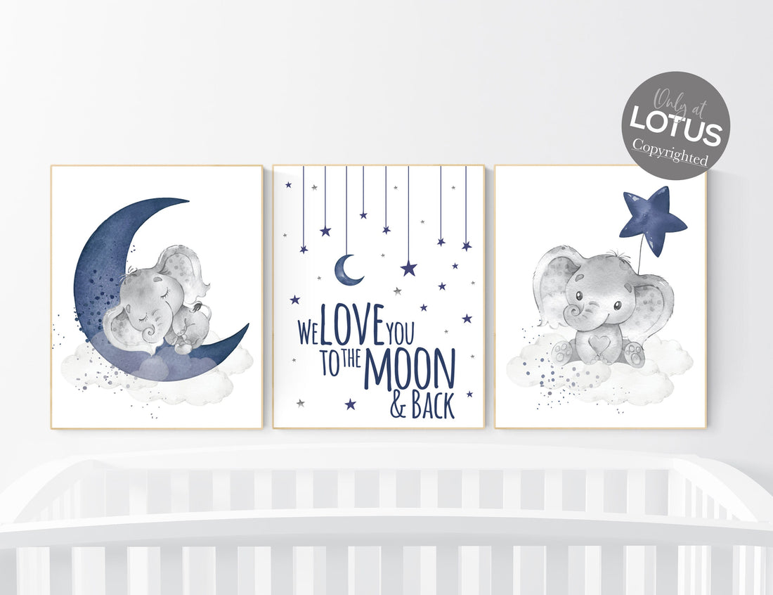 Nursery decor boy elephant, navy nursery decor, we love you to the moon and back, moon and stars, navy blue nursery art, elephant nursery