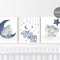 Nursery decor boy elephant, navy nursery decor, we love you to the moon and back, moon and stars, navy blue nursery art, elephant nursery
