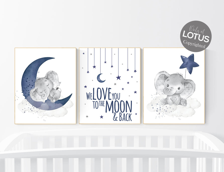Nursery decor boy elephant, navy nursery decor, we love you to the moon and back, moon and stars, navy blue nursery art, elephant nursery