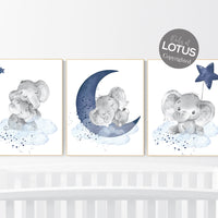 Navy nursery decor, moon and stars, navy blue nursery art. baby room wall art, boy nursery decor, set of 3, nursery prints boy, elephant art