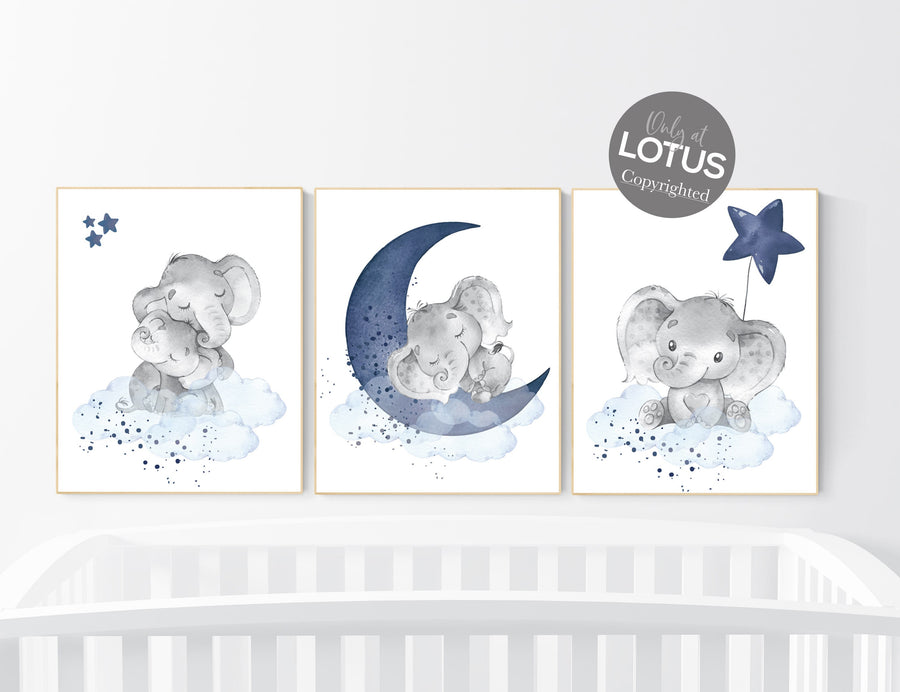 Navy nursery decor, moon and stars, navy blue nursery art. baby room wall art, boy nursery decor, set of 3, nursery prints boy, elephant art