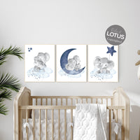 Navy nursery decor, moon and stars, navy blue nursery art. baby room wall art, boy nursery decor, set of 3, nursery prints boy, elephant art