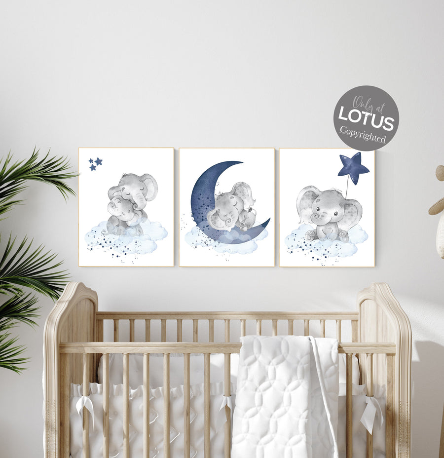 Navy nursery decor, moon and stars, navy blue nursery art. baby room wall art, boy nursery decor, set of 3, nursery prints boy, elephant art