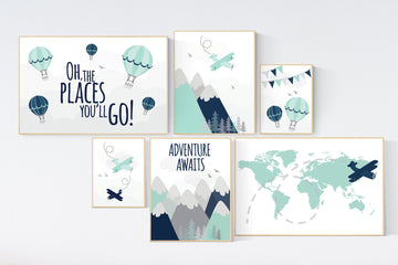 Adventure awaits nursery, navy mint, Adventure nursery, mountain, airplane, world map, hot air balloon, mint and navy, travel themed nursery