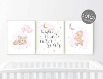 Nursery decor girl, pink and gold, bear nursery, girls room decor, animal nursery, twinkle twinkle little star, pink gold nursery, girl