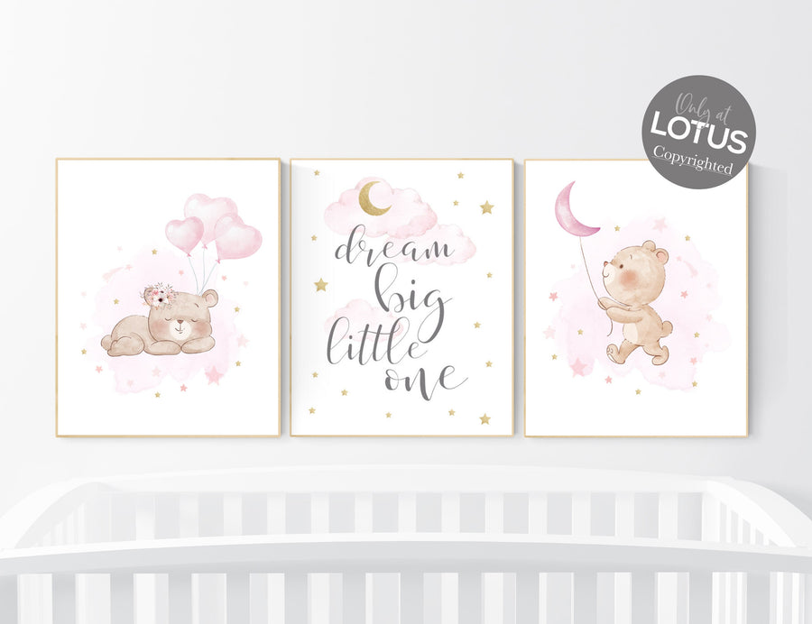 Nursery decor girl, pink and gold, bear nursery, girls room decor, animal nursery, dream big little one, pink gold nursery, girl nursery