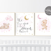 Bear nursery, Nursery decor girl, pink and gold, girls room decor, animal nursery, we love you to the moon and back, pink gold nursery