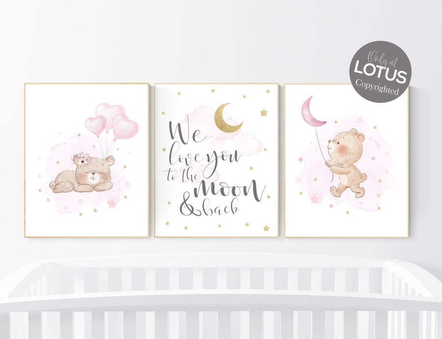 Bear nursery, Nursery decor girl, pink and gold, girls room decor, animal nursery, we love you to the moon and back, pink gold nursery