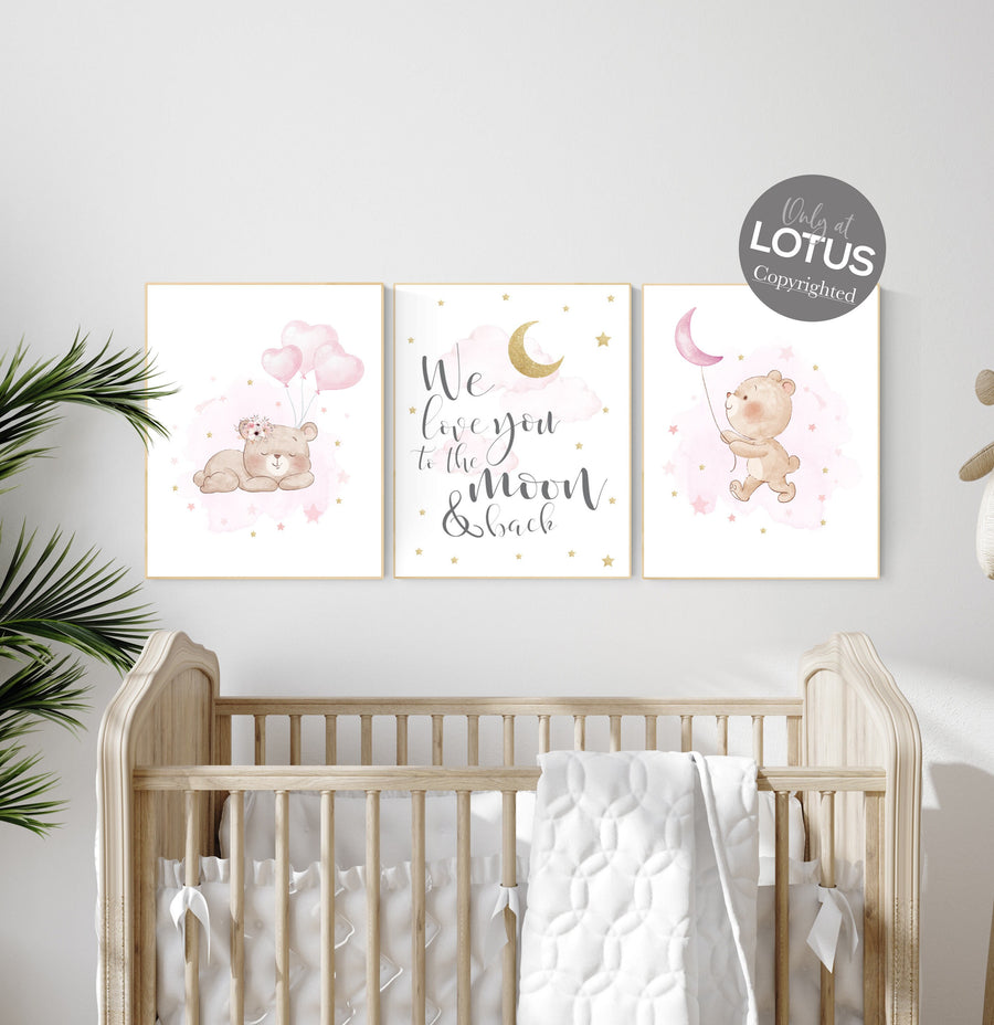 Bear nursery, Nursery decor girl, pink and gold, girls room decor, animal nursery, we love you to the moon and back, pink gold nursery