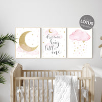 Nursery wall art girl pink and gold, baby room decor girl gold and pink, dream big little one, cloud and stars, baby room, moon and star