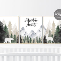 Nursery decor woodland, mountain wall art, tree nursery decor, adventure theme nursery, forest, sage green, beige, woodland animals