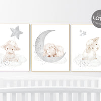 Sheep nursery decor, Gray nursery decor, nursery decor lambs, nursery wall art sheep, moon and cloud wall art nursery gender neutral nursery