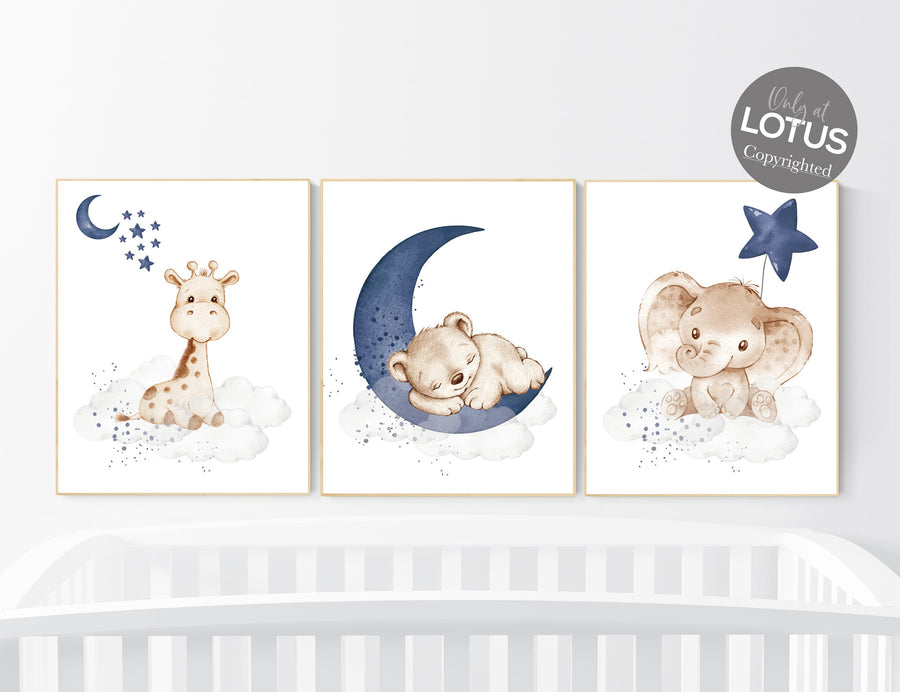 Nursery wall art animals, baby room decor navy blue, baby room decor bear, elephant, giraffe, animal nursery decor, nursery prints