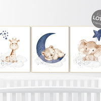 Navy Blue Nursery Prints: Bear, Elephant, Giraffe Animal Art