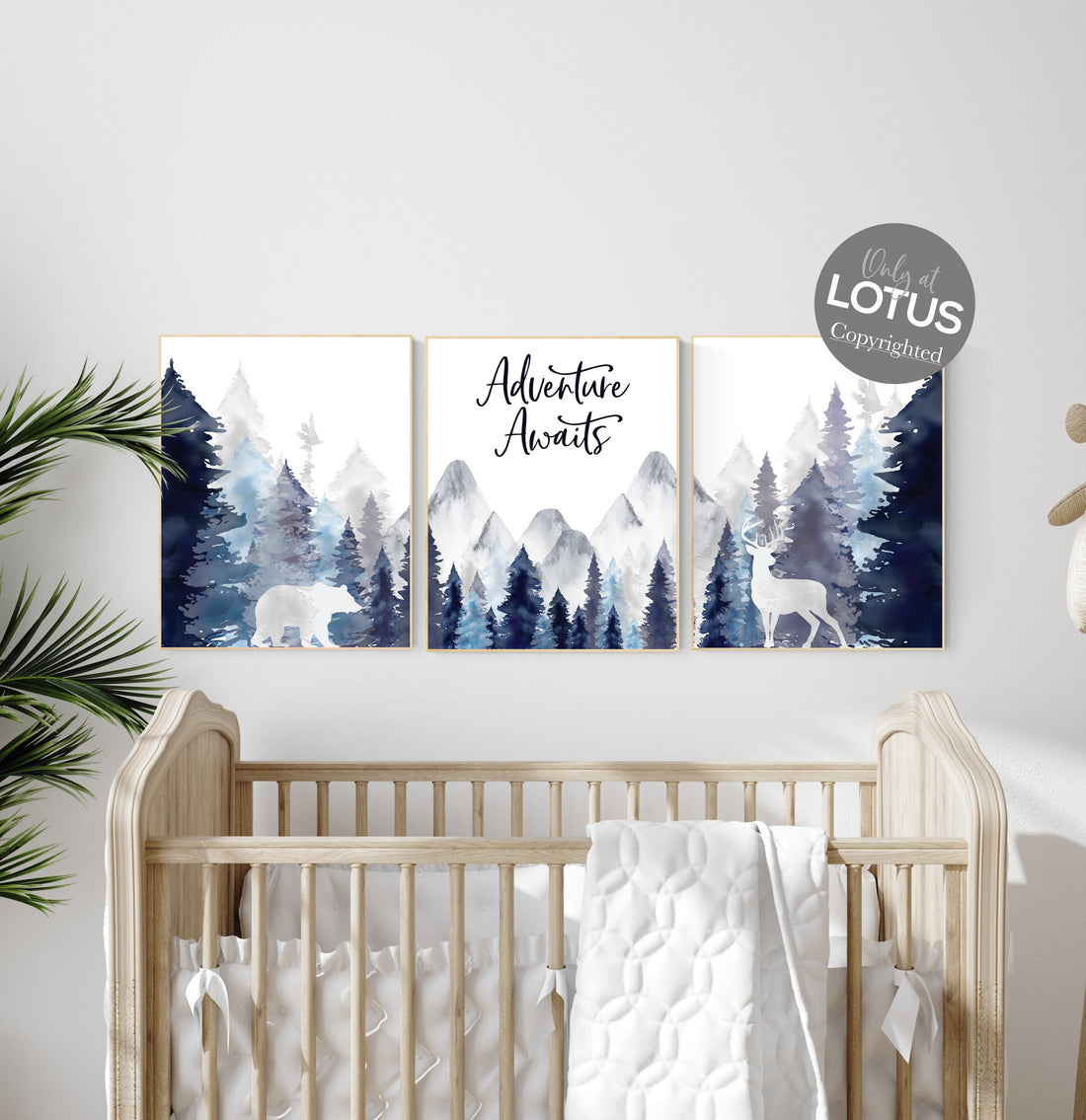 Nursery decor woodland, mountain wall art, tree nursery decor, adventure theme nursery, forest, navy and baby blue, woodland animals