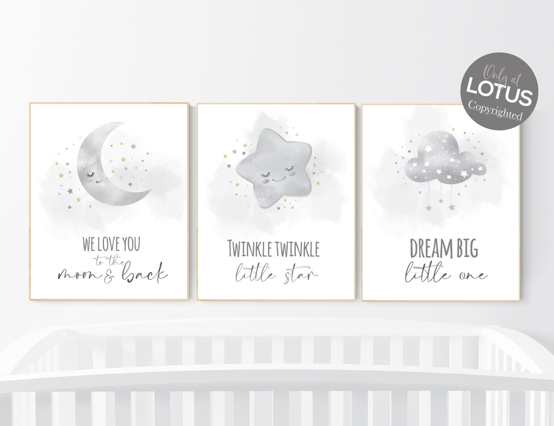 Nursery prints grey, gray gold nursery, nursery decor neutral, baby room decor gender neutral, moon and stars, grey gold, baby room art
