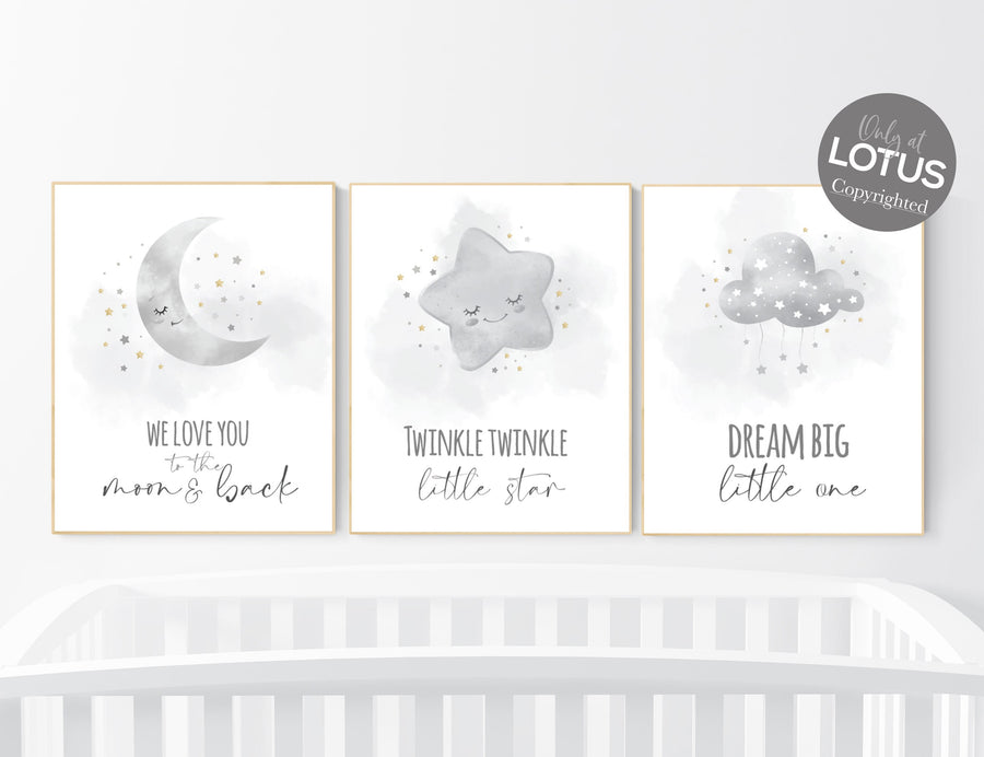 Nursery prints grey, gray gold nursery, nursery decor neutral, baby room decor gender neutral, moon and stars, grey gold, baby room art