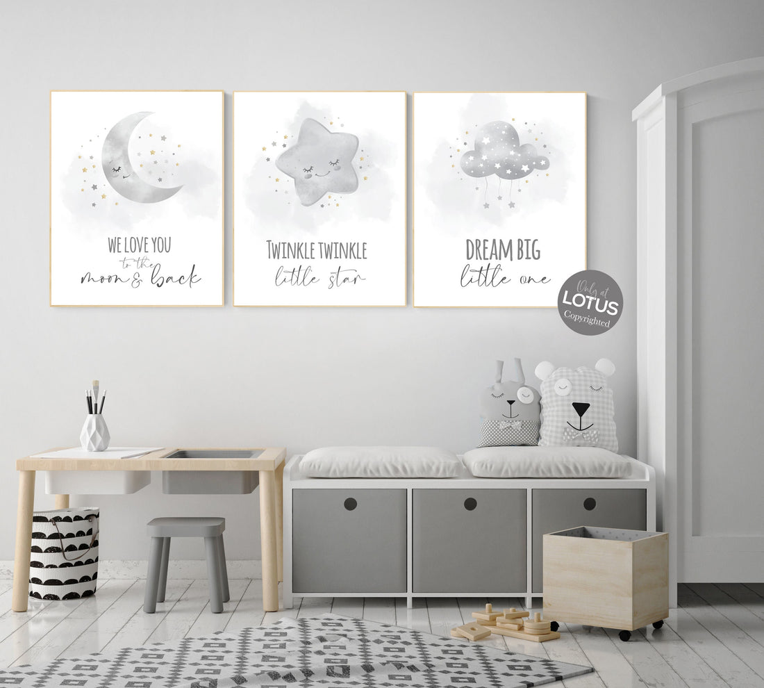 Nursery prints grey, gray gold nursery, nursery decor neutral, baby room decor gender neutral, moon and stars, grey gold, baby room art
