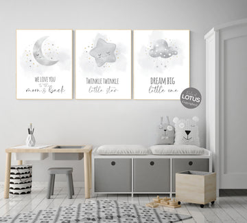 Nursery prints grey, gray gold nursery, nursery decor neutral, baby room decor gender neutral, moon and stars, grey gold, baby room art