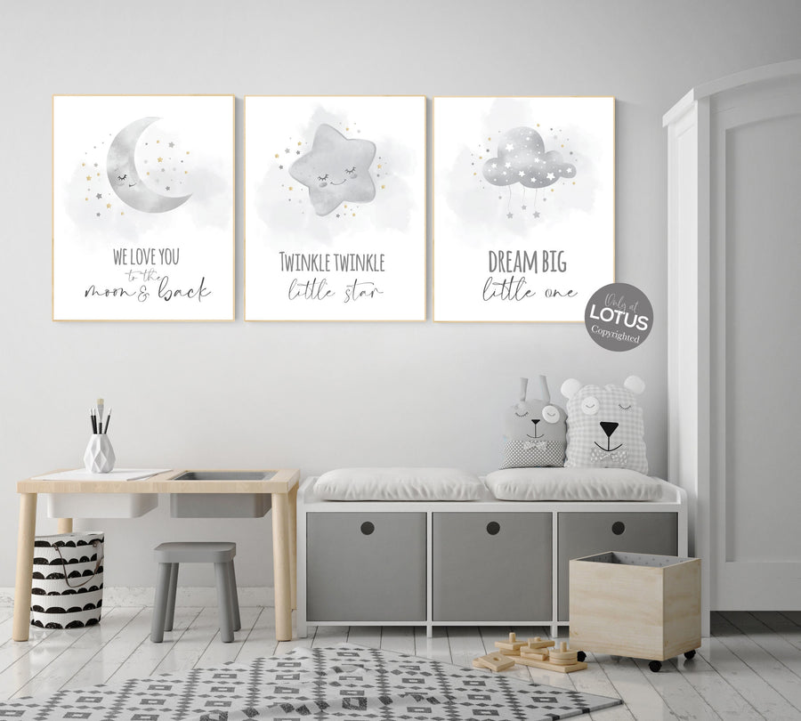 Nursery prints grey, gray gold nursery, nursery decor neutral, baby room decor gender neutral, moon and stars, grey gold, baby room art