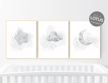 Nursery prints grey, gray gold nursery, nursery decor neutral, baby room decor gender neutral, moon and stars, grey gold, baby room art