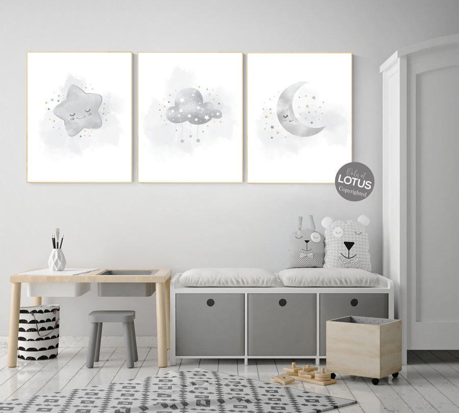 Nursery prints grey, gray gold nursery, nursery decor neutral, baby room decor gender neutral, moon and stars, grey gold, baby room art