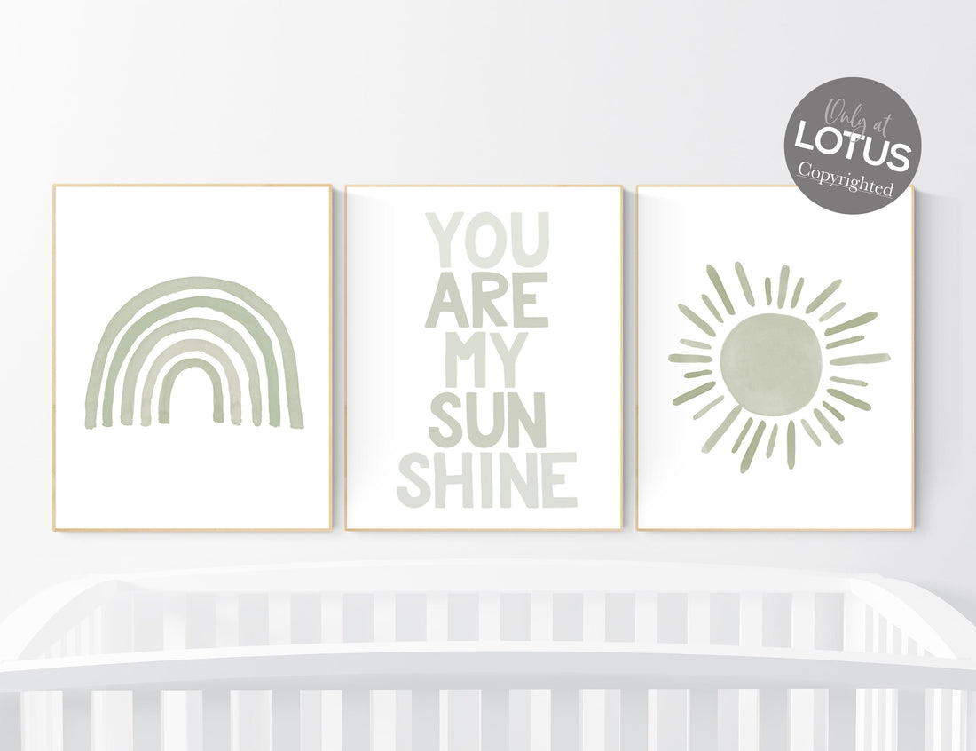 Nursery prints rainbow, gender neutral, sage green nursery wall decor, rainbow, sun, you are my sunshine, nursery decor neutral, green